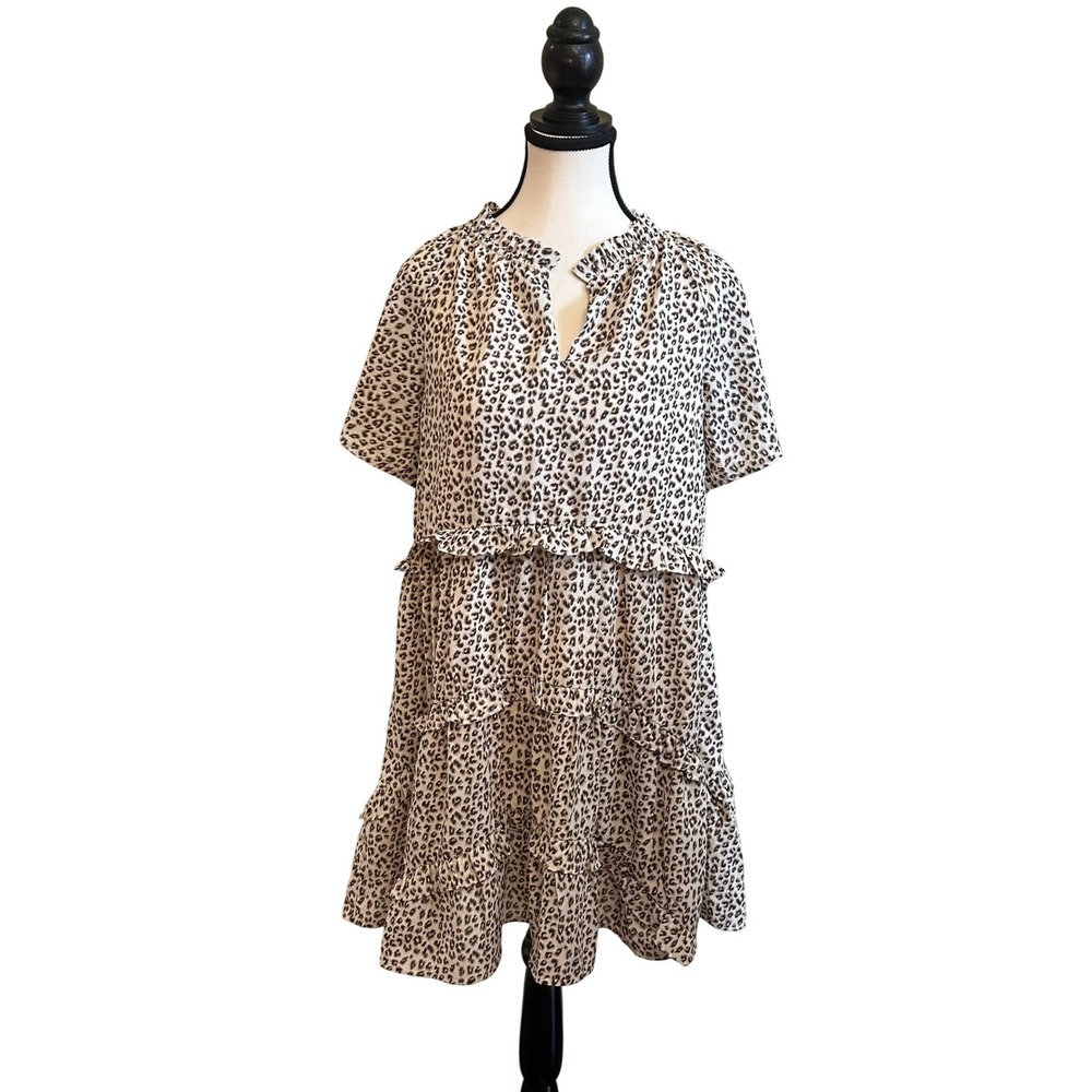 New In Ivory Leopard Print Ruffle Tiered Mini The Tanner Dress Short Sleeve S